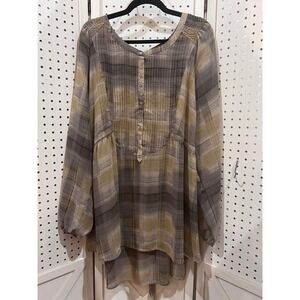 LYS Plaid Long Sleeve Tunic Top Women's Plus‎ Size 3X Beige Gray Button Front